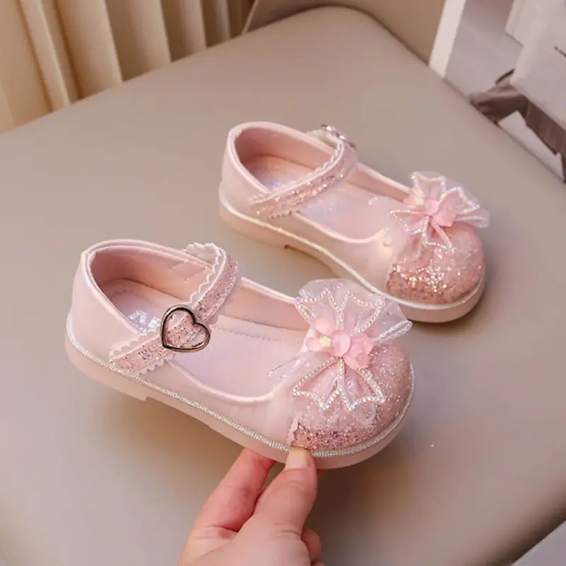 Scarpe in pelle per bambini eleganti scarpe da festa per ragazze glitterate moda coniglio papillon bambini principessa paillettes causali vestito scarpe basse