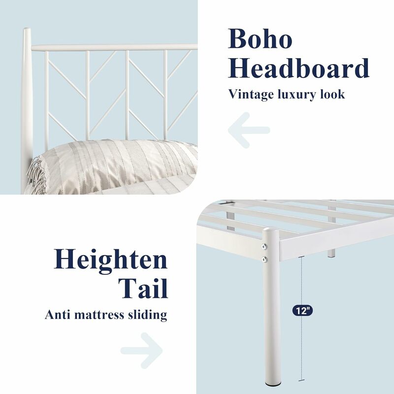 Bingkai tempat tidur Platform dengan headboard vintage, Penyimpanan dasar kasur logam 14 inci, modern, putih