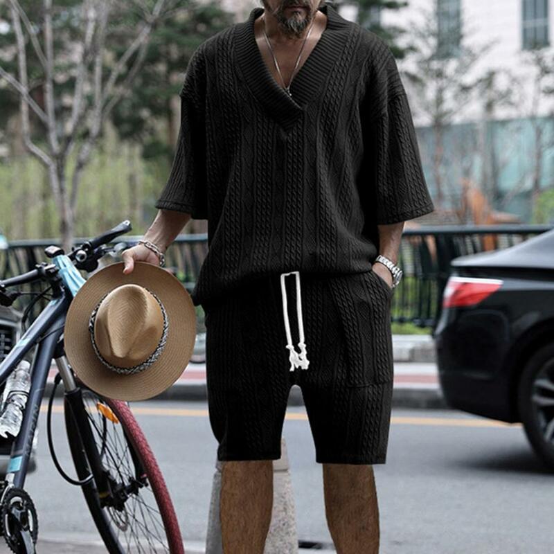 Jogging Suit with Pockets Casual Sports Design Outfit Men's V-neck Short Sleeve T-shirt Drawstring Waist Shorts for Sportswear