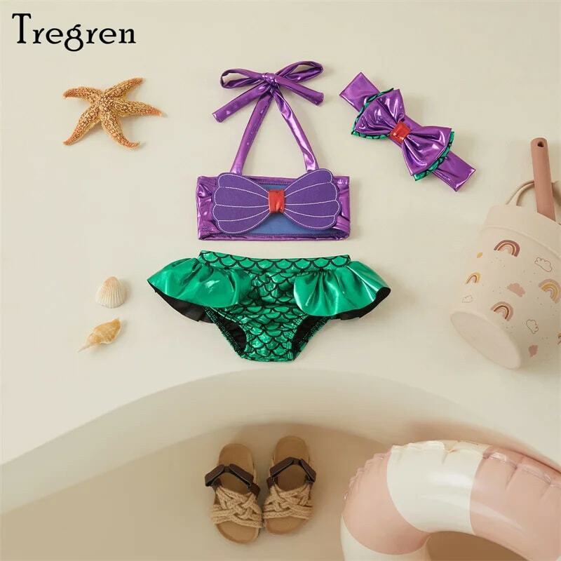 Tregren-Conjunto de Bikinis de sirena para niños y niñas, ropa de playa con cuello Halter, traje de baño para piscina con diadema