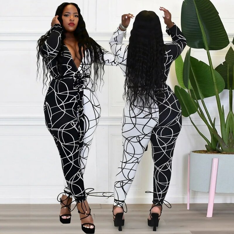 SOMO Plus Size Women Fashion New Printing Jumpsuit V-Neck Long Sleeve Higt Waist Causal Slim Jumpsuit Wholesale Dropshipping
