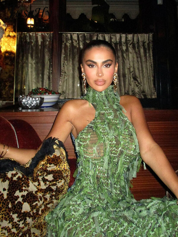 Kobiety JusaHy nowe sukienki Maxi Y2K Halter zielone eleganckie wydrążone patchworkowa koronka wakacje bez pleców szykowna sukienka 2023