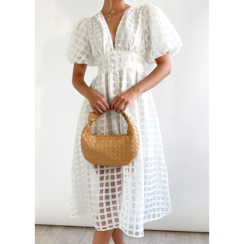 Puff ärmel elegantes Ballkleid für Frauen Sommer neue Aushöhlung tiefen V-Ausschnitt durchsichtig Trend schicke Kleider für weibliche Dame Vestido