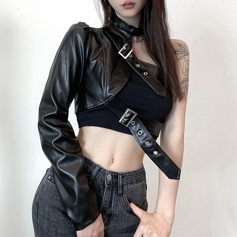 Women Fashion Handsome irregular metal buckle hanging neck PU leather single sided sleeve leather jacket