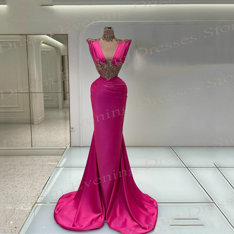 2024 Modern Pink Women's Mermaid Charming Evening Dresses Sleeveless Formal Party Prom Gowns High Neck Pleated Vestido De Noche