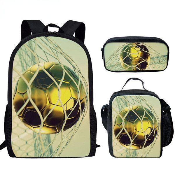 Futebol Print School Bag Set para meninos e meninas adolescentes, mochila, lancheira, saco de lápis, criativo, casual diário, campus, 3pcs
