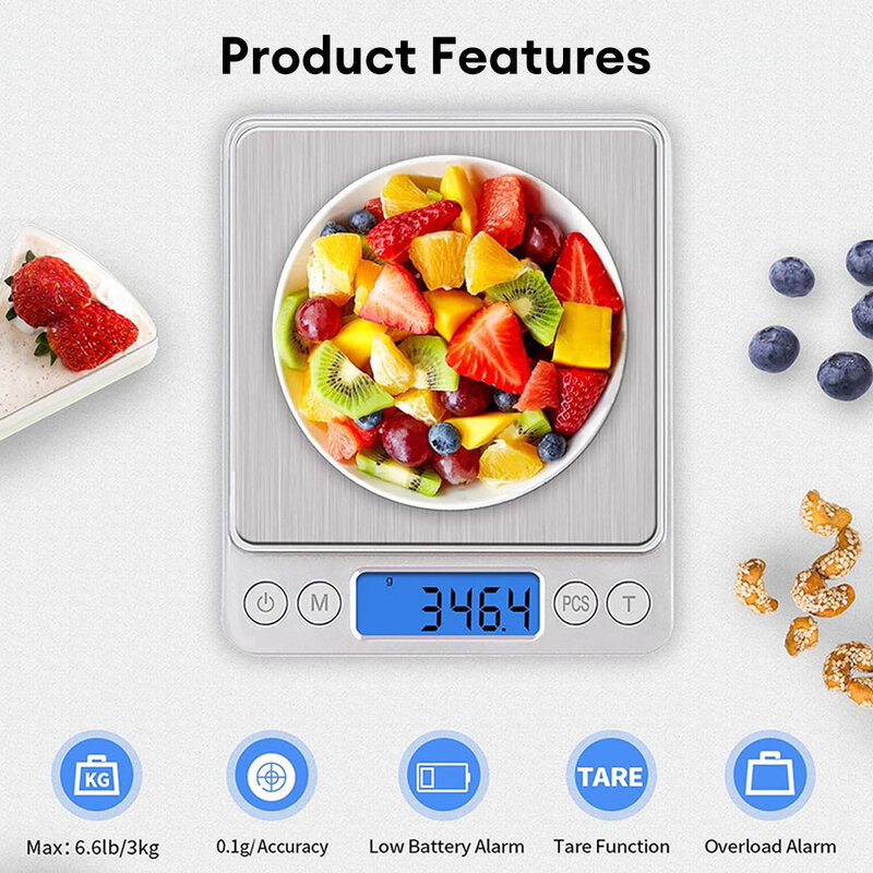 Báscula Digital de cocina para joyería, balanza pequeña de 3000g/0,1g para alimentos, peso Digital de gramos y onzas, con LCD/tara