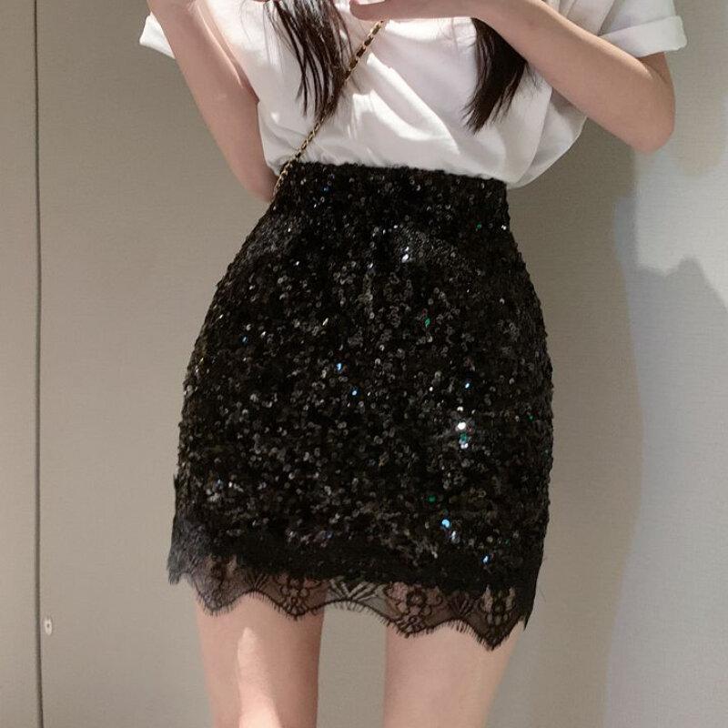 Mini-saia feminina de renda com lantejoulas de cintura alta, elegante e chique, sexy e adorável, roupa de partido, nova moda, primavera, outono