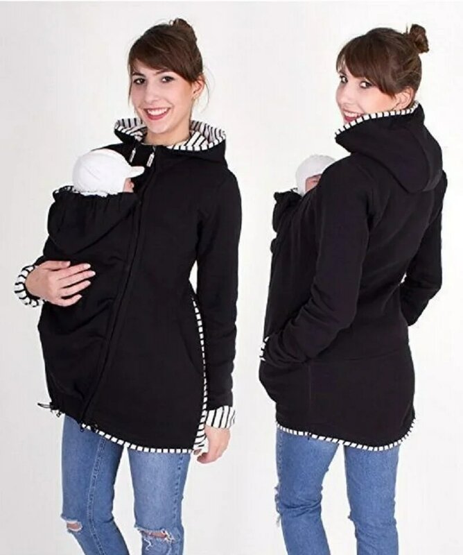 Camisola feminina para maternidade canguru, outwear, com zíper, casaco com capuz 3 em 1, casaco quente para mãe