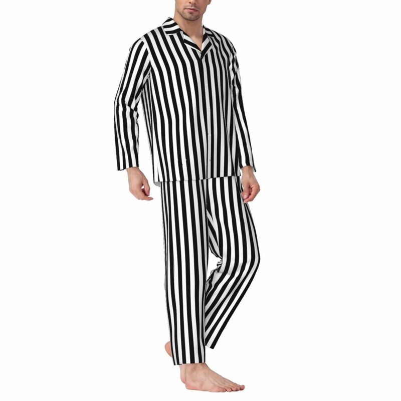 Ropa de dormir a rayas blancas y negras para hombre, Conjunto de pijama informal de gran tamaño con estampado de líneas verticales, traje de Casa de manga larga a la moda para primavera