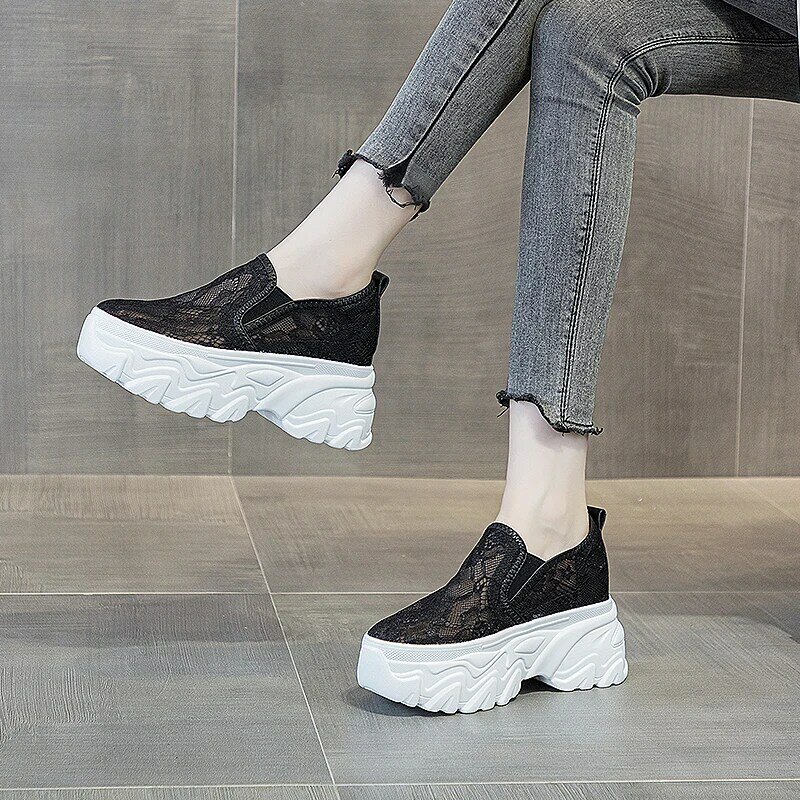 9cm Air Mesh Microfiber Summer Fashion Mesh Chunky Sneaker Hollow Casual Shoes Platform Wedge Flats Lace Genuine Leather comfort