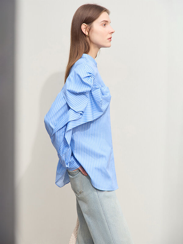 Женская рубашка Amii в минималистском стиле, новинка весны 2024, хлопковая Свободная рубашка в полоску с трехмерным бантом и круглым вырезом, модель 12343388