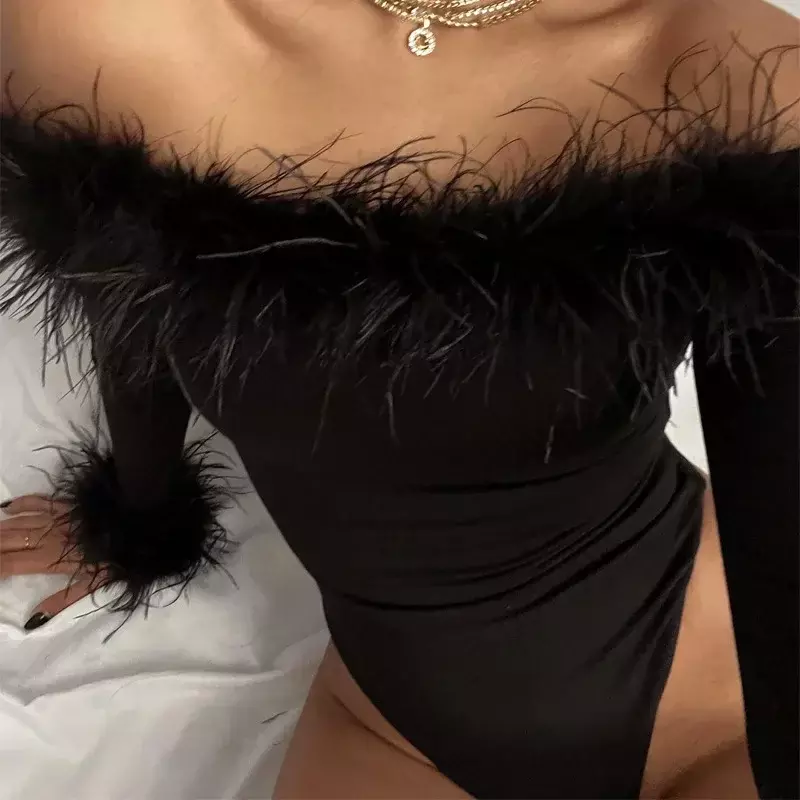 2024 nowe body dla kobiet eleganckie jednoczęściowe topy Slim body ubrania modne pióra Sexy długi rękaw z odkrytymi ramionami YXQ08