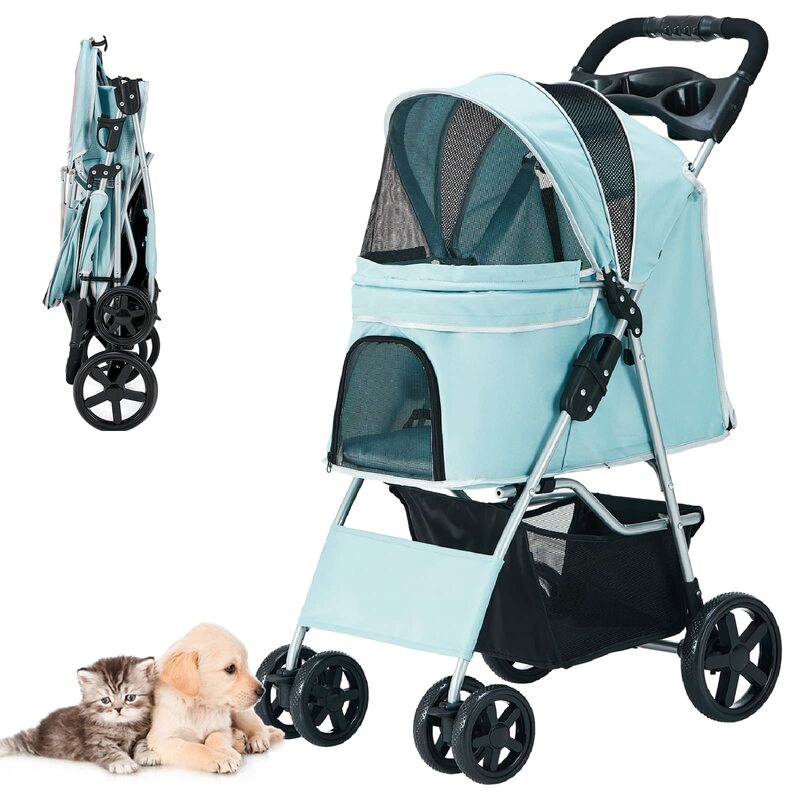 Небесно-голубая свобода: коляска для домашних животных для средней/маленькой собаки, складной 4-колесный бегунок, клетка (искусственная синяя)