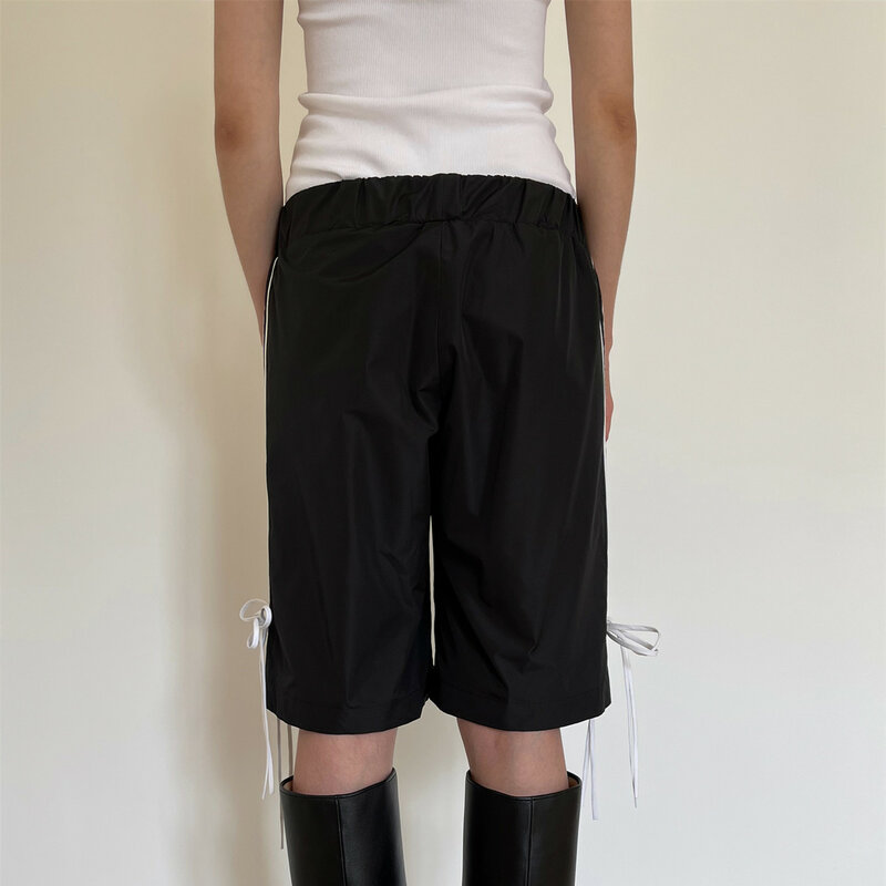 Gaono-Calças de moletom de perna larga feminina, fita listra, calças curtas largas, arco reto, cintura elástica, calças jogger, streetwear