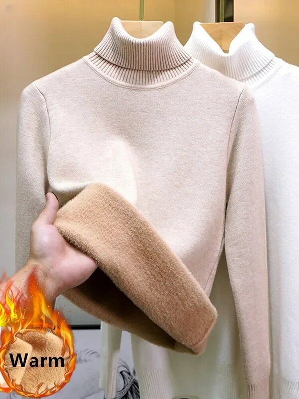 Turtleneck Sweater rajut untuk wanita, sweter rajut beludru tebal elegan musim dingin, Sweater Pullover rajut, atasan ramping untuk wanita