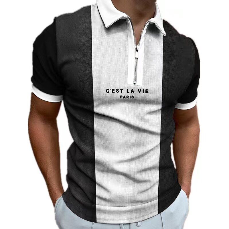 남성 폴로 셔츠 반팔 여름 글자 프린트 컬러 폴로 셔츠 티셔츠 탑 남성 옷깃 지퍼 캐주얼 폴로 셔츠, 남성 셔츠