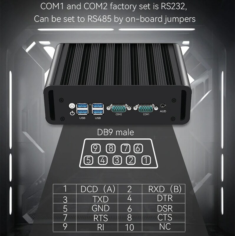 Mini PC Fanless Intel N100, computador industrial, Ethernet Dual Gigabit, 2x DB9 COM, RS232, RS485, WiFi, entalhe 4G, GPIO, janelas, Linux