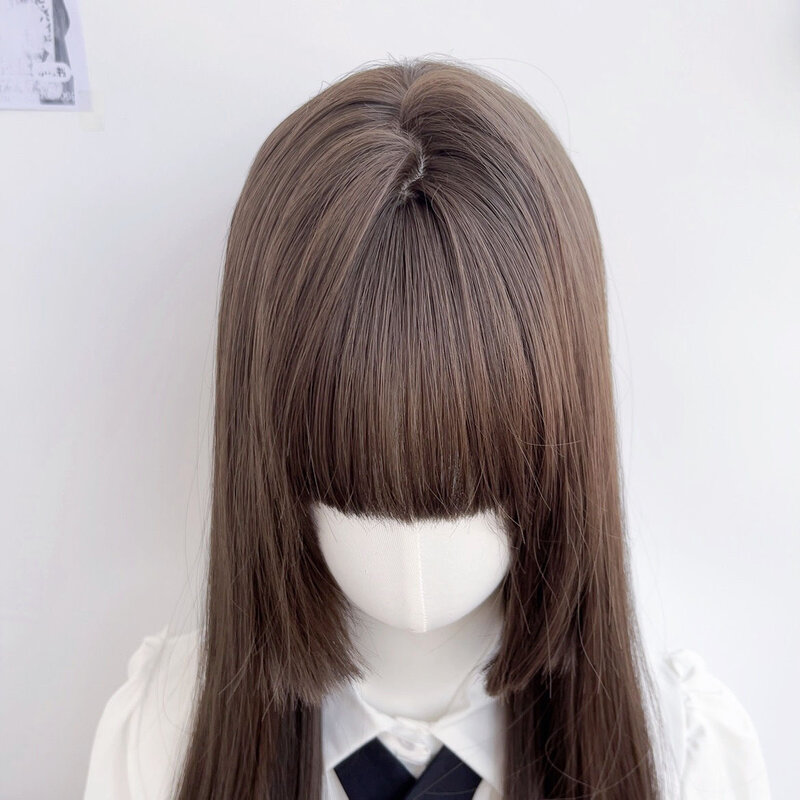 Natural Long Straight Synthetic Black Wig With Bangs Lolita Cosplay Hair Wigs Ji Hair For Women JK Accessories Daily Party Wig