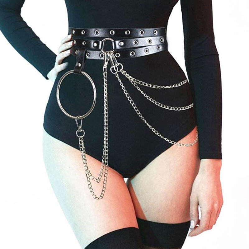Cinturones de falda de cuero Sexy para mujer, arnés gótico Punk Rock, cintura, cadena de Metal, Bondage corporal, cinturón hueco, accesorios para dama