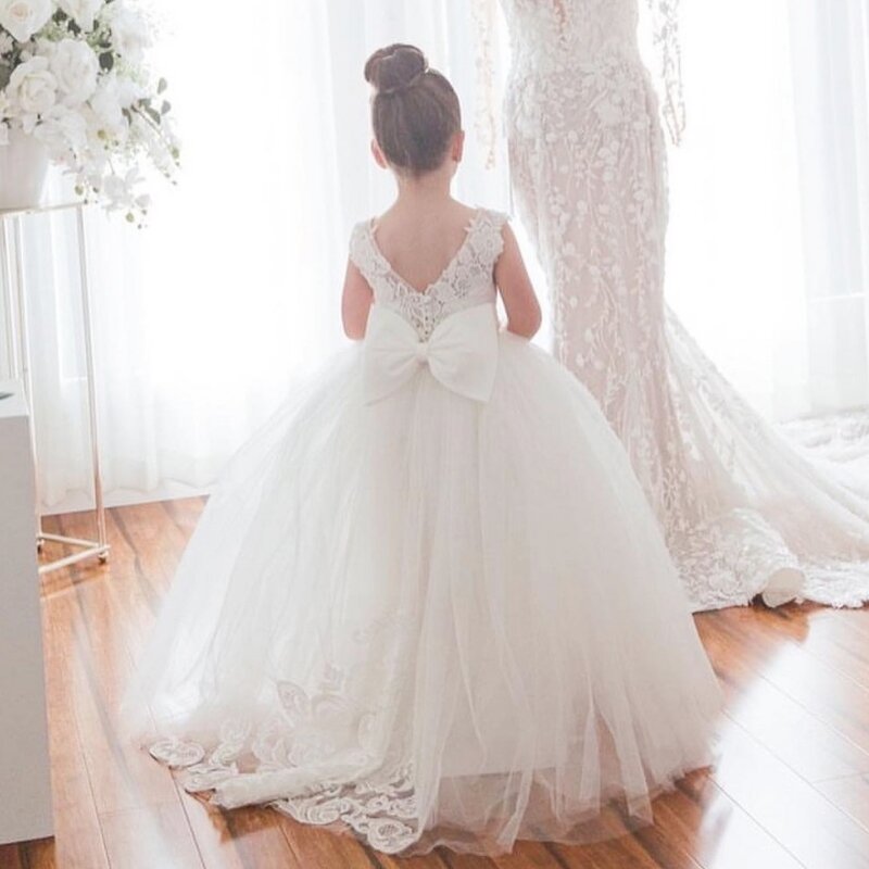 Vestidos de flor branca com arco, tule inchado, flory padrão, casamento, aniversário, banquete, vestidos de primeira comunhão