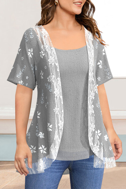 Flycurvy Plus Size Casual Grey Linen Floral Print Lace Stitching Two Pieces Blouse