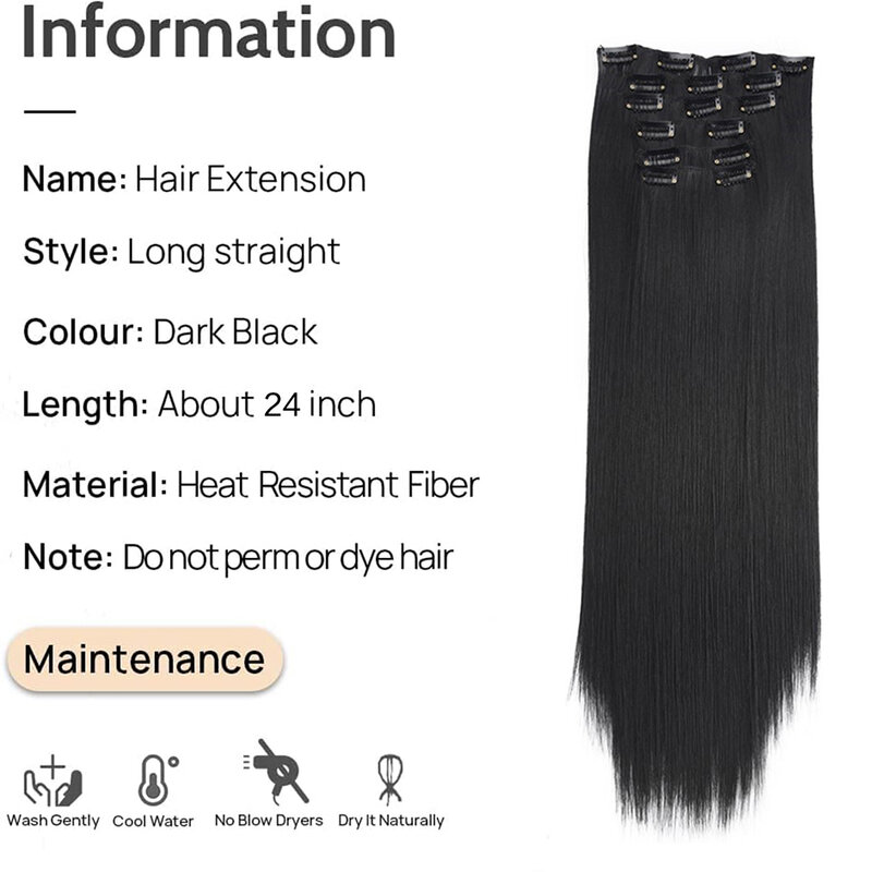 Extensiones de cabello negro para mujer, 24 "/60cm, 140g, 6 unids/set, Clip de cabeza completa sintética larga y recta, 16 Clips, fibra resistente al calor ombré