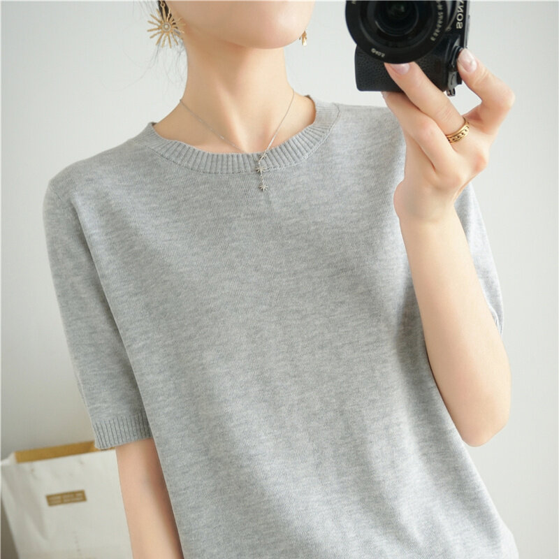 S-XXL Pullover 100% Cotton Women's O-neck Short sleeved T-shirt Summer Fashion Knitted Thin Women's Pure Cotton Sweater T-shirt