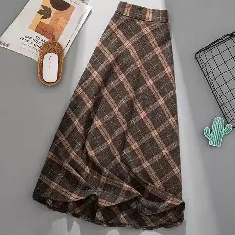 Осенне-зимняя шерстяная Женская юбка 2023, Корейская стильная плотная длинная юбка с высокой талией, Женская плиссированная клетчатая юбка трапециевидной формы