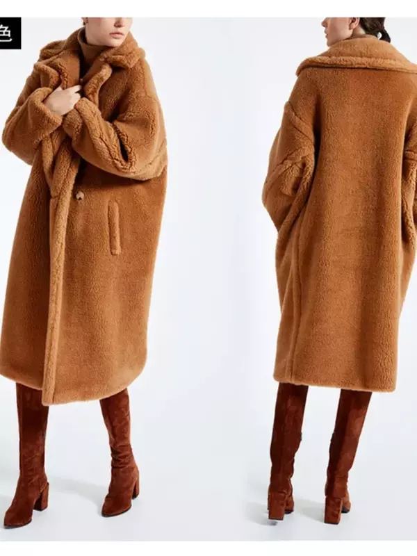 Abrigo largo de piel sintética con solapa para mujer, abrigo grueso de manga larga con oso de peluche, ropa informal holgada de gran tamaño, 2023