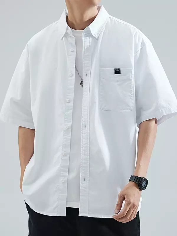 Camisas informales de manga corta para hombre, Blusa de algodón transpirable con bolsillo en el pecho, ropa de calle holgada clásica, color sólido, Verano