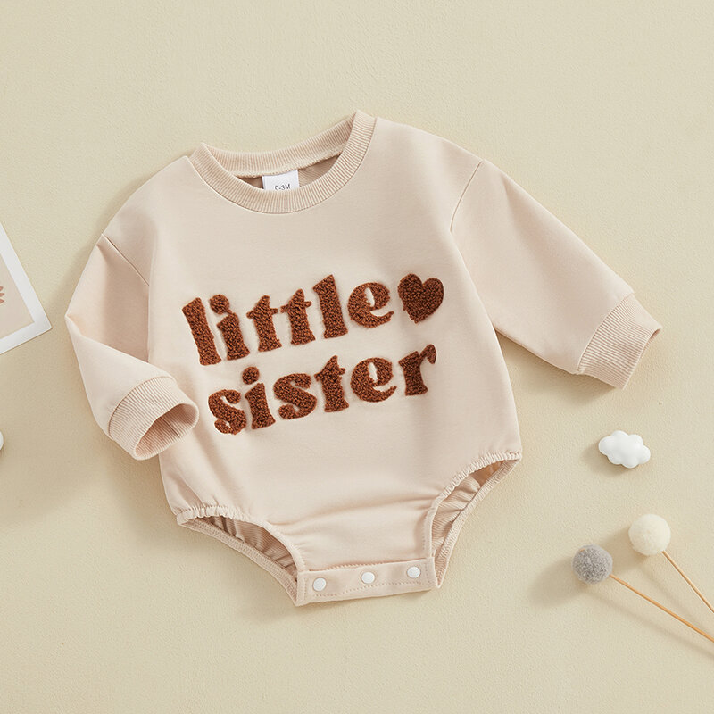 VISgogo Newborn Baby Girls Boys Sweatshirts Rompers Infant Clothes Letter Fuzzy Embroidered Crew Neck Long Sleeve Bodysuits