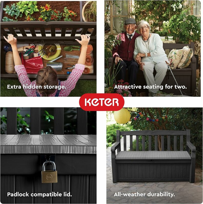 Keter Solana scatola portaoggetti da banco da 70 galloni per mobili da giardino, decorazioni per veranda anteriore e posti a sedere all'aperto-perfetta per riporre Gard