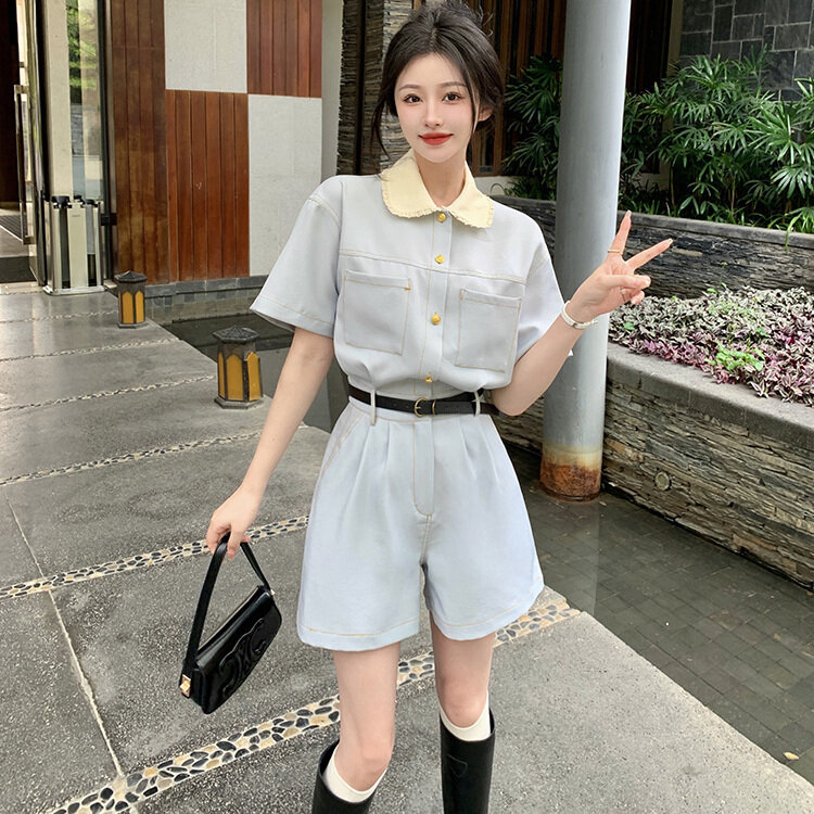 Dress Rompers Blue British Short Woman French Polo Neck Summer New Fashion  Female Vintage Chic Commuting Clothers