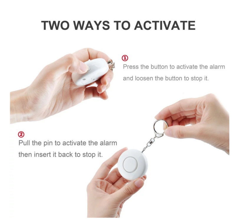 Porte-clés rond alarme personnelle avec lumière LED, 130db, haut décibel, dispositif d'auto-défense pour femmes, dispositif de détresse d'urgence, blanc