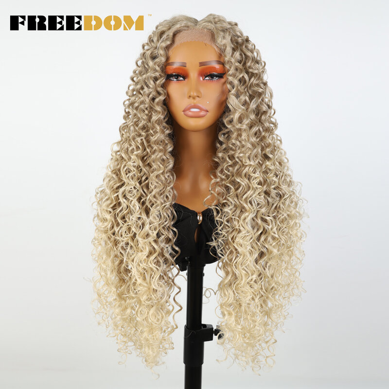 FREEDOM Curly Synthetic Lace Front Wigs For Women Ombre Brown Blonde Lace Wig BIO Hair 22 26 30 inch Curly Hair Cosplay Wigs