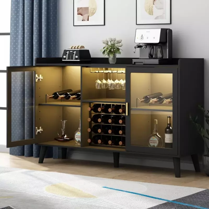 Kabinet Bar anggur dengan lampu LED, kabinet anggur rumahan dengan rak anggur dan tempat kaca, kabinet minuman keras berdiri bebas