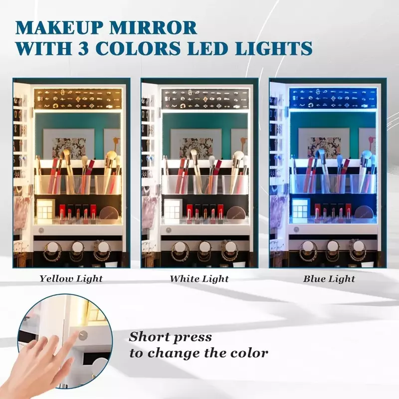 Armario de joyería, organizador de joyas bloqueable con espejo de longitud completa, organizador de maquillaje con espejo de maquillaje LED incorporado