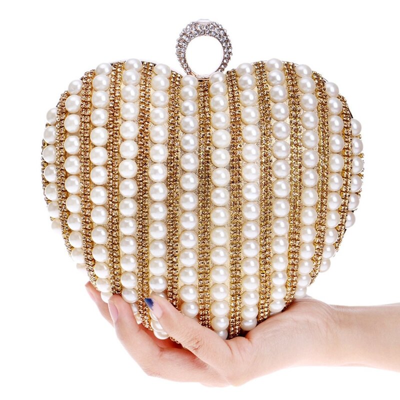 女性のための真珠のハート型のメッセンジャーバッグ、イブニングドレスのクラッチ、花嫁の宴会の財布