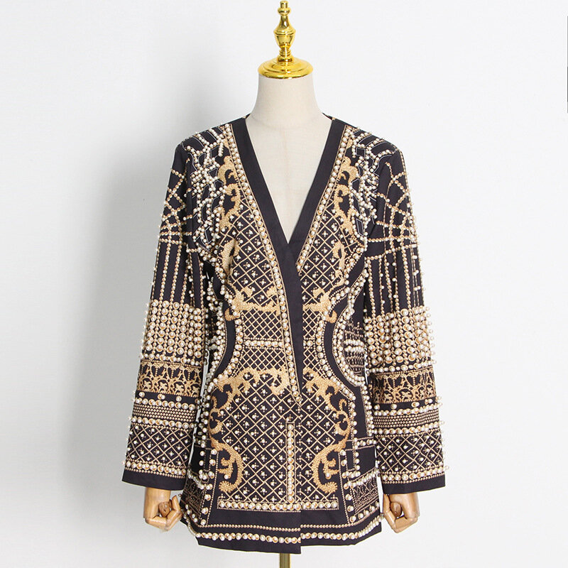여성용 브이넥 긴팔 코트, 프렌치 레트로 버블 비즈 재킷, 두꺼운 중간 길이 세트 코트, 패션 2024 신상