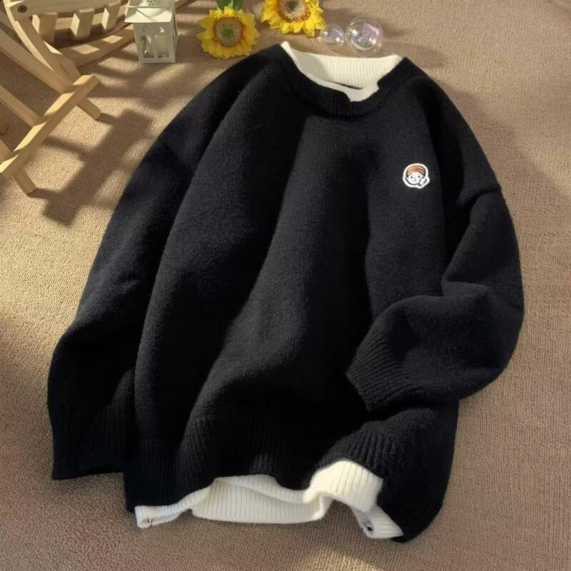 Wyszywany wzór topy z dzianiny sweter w stylu Retro Top haftowany sweter dla pary Unisex modny luźny leniwy bluzki z dzianiny dla mężczyzn kobiet