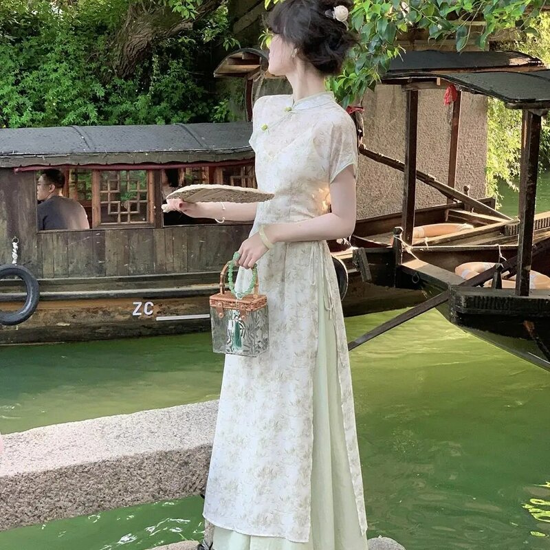 Gaun Cheongsam Hanfu bunga, gaun Cheongsam bambu tradisional gaya Oriental Modern wanita elegan Qipao peningkatan baru Tiongkok