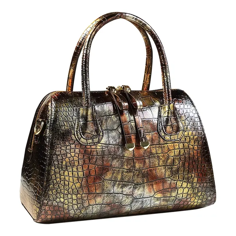 2024 New Boston Bag Real Genuine Leather Women Handbags Luxury Crocodile Pattern Large Capacity Shoulder Messenger Bag