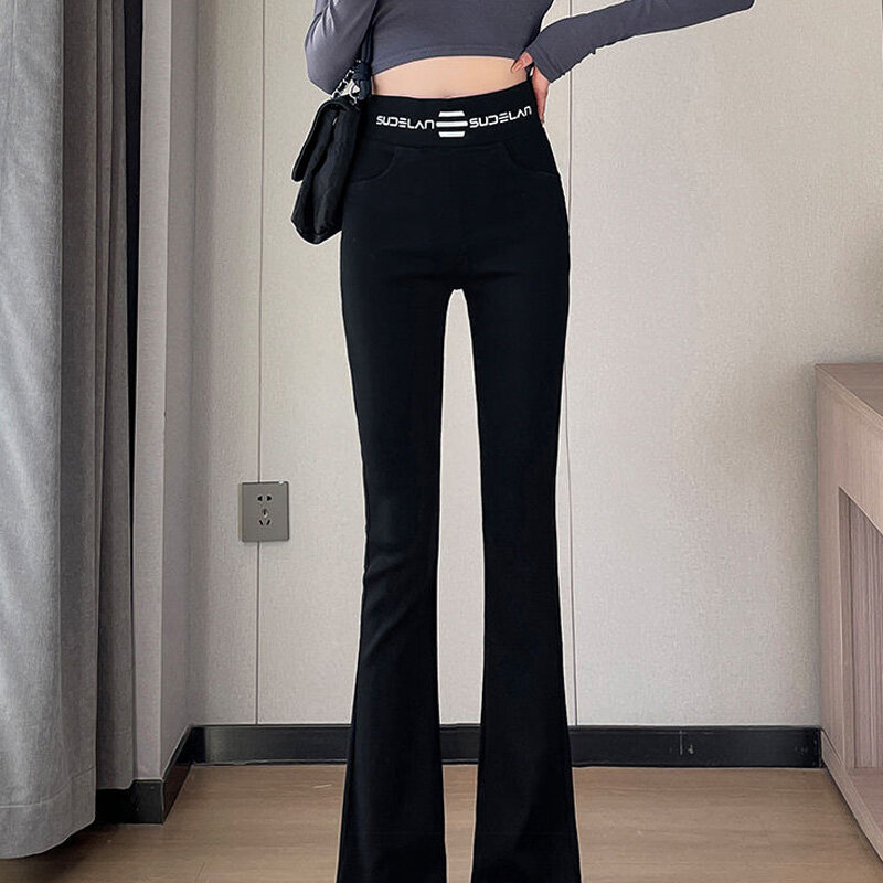 2024 nowe koreańskie, dopasowane, wysokiej talii, szczupłe ubrania damskie Trend, moda damska, patchworkowe spodnie, jednokolorowe, czarne spodnie Flare