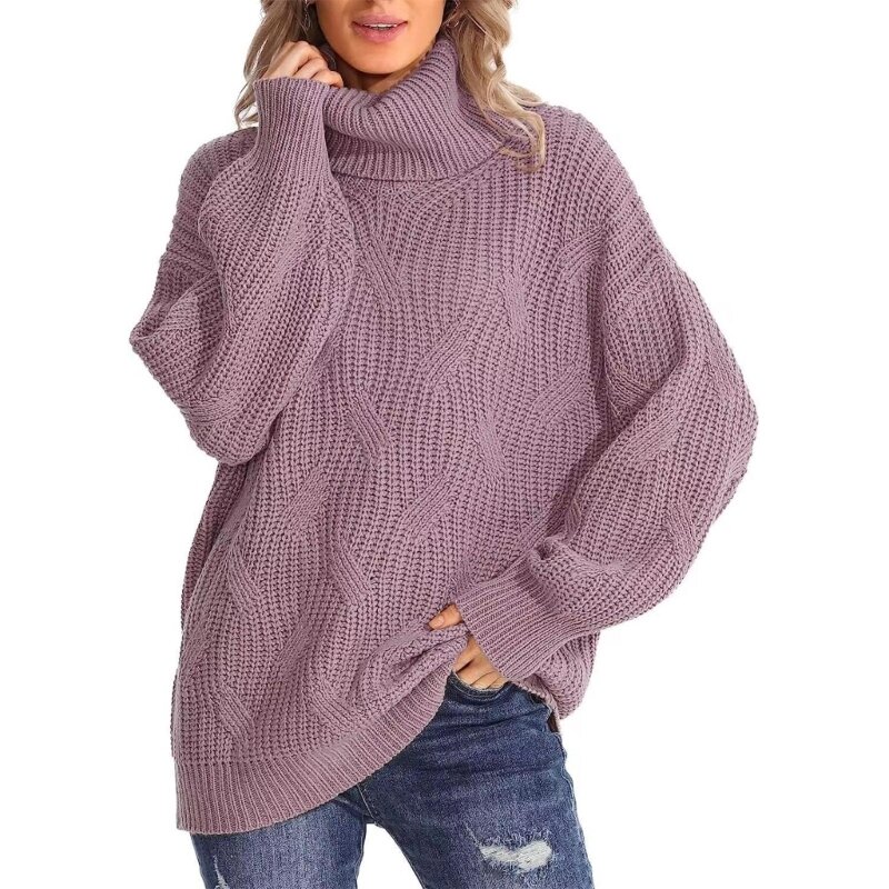 Y166 Damskie swetry golfem Twist Cable, dzianinowe jesienne swetry Modny ciepły top rękawami kształcie skrzydła nietoperza