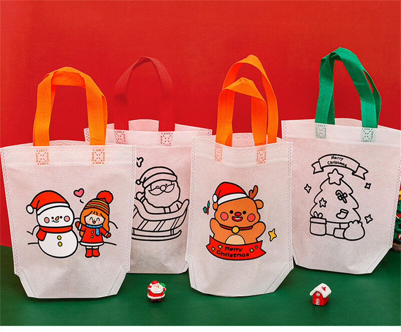 Tas jinjing coretan Natal kartun tas lukisan mewarnai Diy tas hadiah pesta siswa untuk anak-anak tas penyimpanan mainan Natal tas hadiah