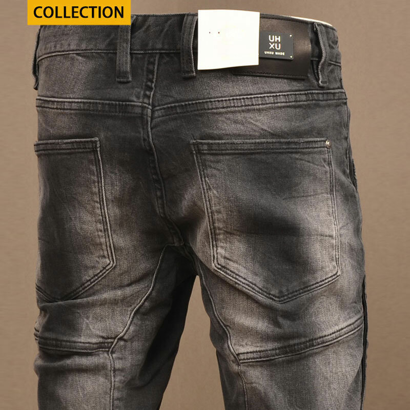 Джинсы мужские стрейчевые, модные брюки в стиле ретро, черные, серые, облегающие дизайнерские байкерские джинсы с соединением, брюки из денима в стиле хип-хоп, панк
