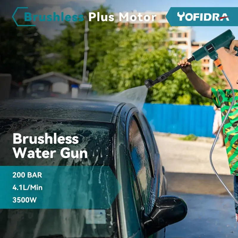 Yofidra 브러시리스 전기 물총, 마키타 18V 배터리 스프레이건, 차량 청소 정원 급수 세트, 200Bar, 6 인 1 노즐