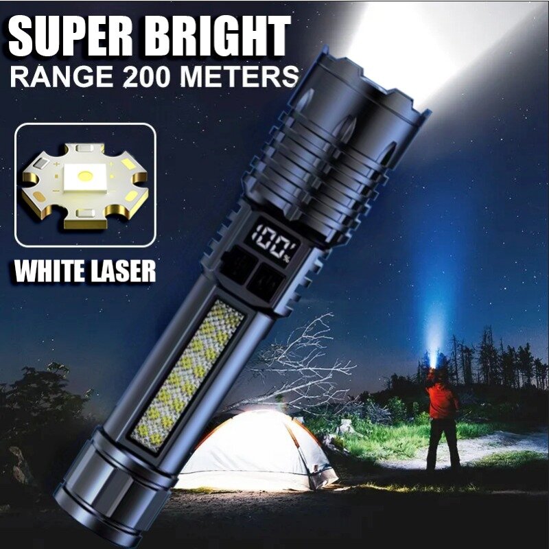 FLSTAR FIRE-Lanterna Zoom de Alta Potência com Luz Lateral, 5 Modos de Longo Alcance, Carregamento Tipo C, Tocha Multifunções, Acampamento Ao Ar Livre