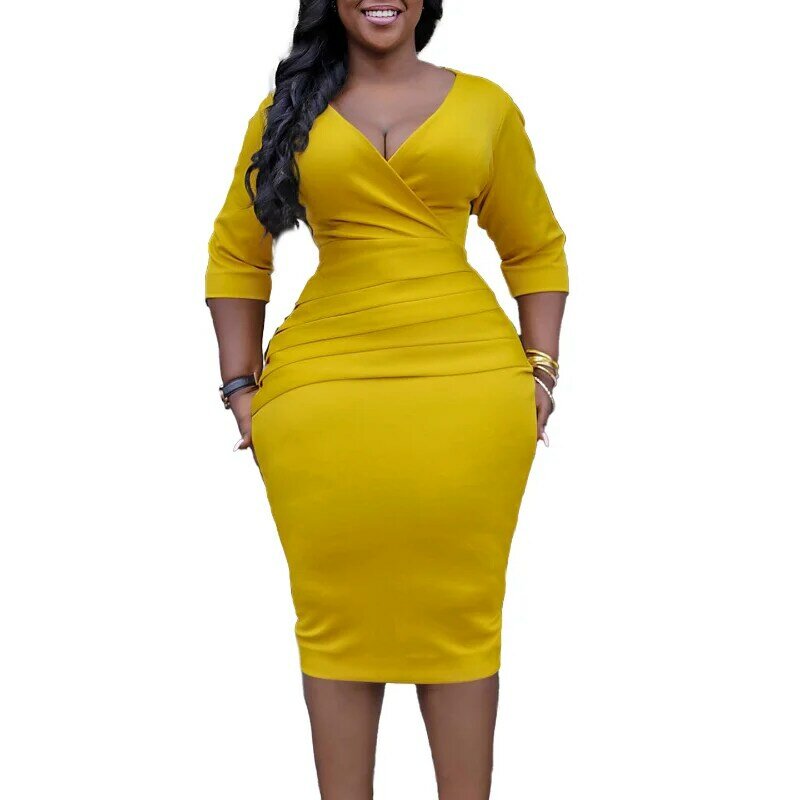 Spring Autumn Fashion Office Ladies Pencil Dress Women Casual V-neck Slim Pleated Dress African Women